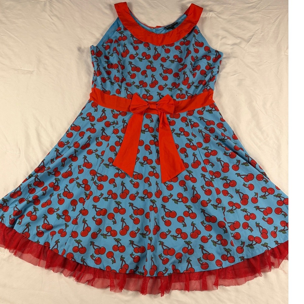 Sourpuss Blue Cherry Print Rockabilly Swing Dress Red Bow XXL Retro Pinup